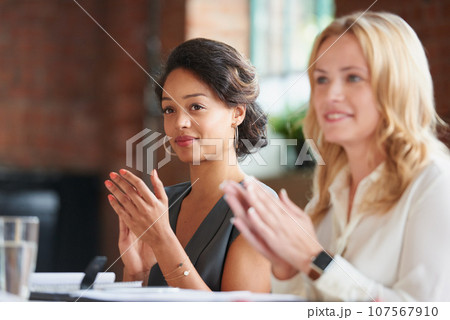 Success, business people or applause in meeting presentation, marketing KPI target or company growth. Diversity, corporate or women clapping hands for office goal, SEO update or data achievement Success, business people or applause in meeting presentation, marketing KPI target or company growth. Diversity, corporate or women clapping hands for office goal, SEO update or data achievement 107567910