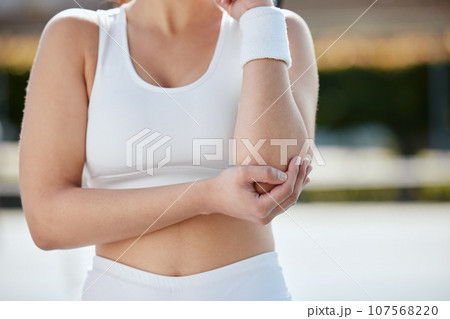 Elbow pain, tennis arm or sports person with medical problem, injury or sore from challenge game mistake. Broken bone, anatomy risk or player with ache from fitness fail, exercise or outdoor training Elbow pain, tennis arm or sports person with medical problem, injury or sore from challenge game mistake. Broken bone, anatomy risk or player with ache from fitness fail, exercise or outdoor training 107568220