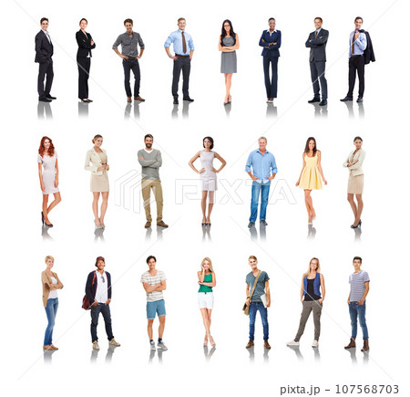 Diversity, different and professional employees standing in white background for employment or qualifications. People, happy workers and career success motivation or future vision isolated in studio Diversity, different and professional employees standing in white background for employment or qualifications. People, happy workers and career success motivation or future vision isolated in studio 107568703