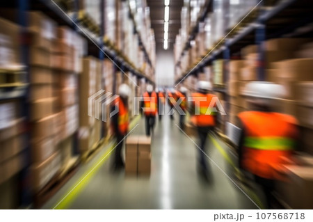 Blurred image of warehouse employees in action, moving shipping boxes efficiently. Generative AI Blurred image of warehouse employees in action, moving shipping boxes efficiently. Generative AI 107568718