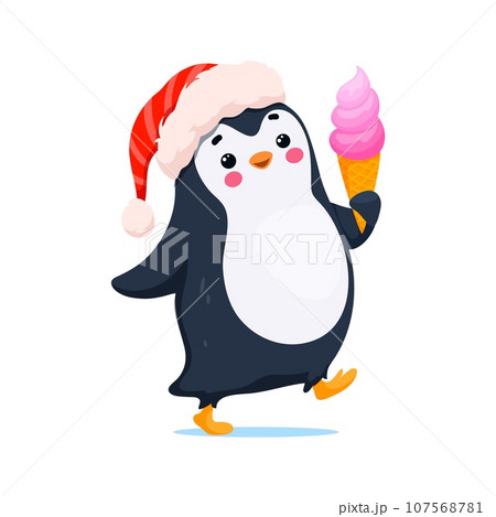 Cartoon cute funny penguin character wearing Santa Claus hat enjoying a tasty ice cream cone treat. Isolated vector adorable baby bird with tasty dessert celebrates Christmas. Funny and cute personage Cartoon cute funny penguin character wearing Santa Claus hat enjoying a tasty ice cream cone treat. Isolated vector adorable baby bird with tasty dessert celebrates Christmas. Funny and cute personage 107568781