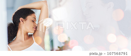 Fresh, hygiene and armpit with a woman on banner mockup for self care grooming at home in the morning. Wax, hair removal and smell with a young person in the bathroom for skincare beauty on space Fresh, hygiene and armpit with a woman on banner mockup for self care grooming at home in the morning. Wax, hair removal and smell with a young person in the bathroom for skincare beauty on space 107568791