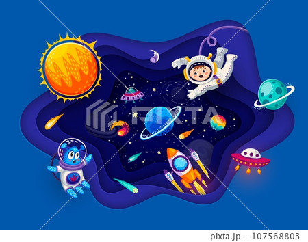 Cartoon solar system space paper cut with galaxy planets, kid astronaut and alien characters, rocket and ufo spaceships. Galaxy travel, outerspace exploration 3d vector backdrop with funny spaceman 107568803