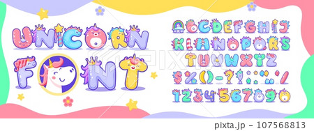 Cartoon unicorn font, magic type, fairy horse typeface, funny animals english alphabet vector typography. Unicorn letters and numbers abc font with princess crowns, rainbows, gold stars and flowers Cartoon unicorn font, magic type, fairy horse typeface, funny animals english alphabet vector typography. Unicorn letters and numbers abc font with princess crowns, rainbows, gold stars and flowers 107568813
