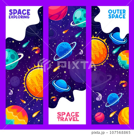 Space travel and explore banners with starry galaxy planets and stars, vector background. Cartoon outer space with extraterrestrial galactic worlds and planets, asteroids and comets, sun and saturn 107568865