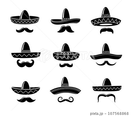 Mexican mariachi sombrero hat icons with moustaches, Mexico culture and tradition vector symbols. Silhouette sombrero and mustaches with Mexican ornament for holiday celebration or fiesta party 107568868