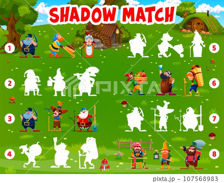 Shadow match game with cartoon fairytale funny gnomes at village. Kids vector puzzle worksheet with funny dwarf, sprite, elf and hobbit, leprechaun, pixie, fairy, brownie and puck personages on field Shadow match game with cartoon fairytale funny gnomes at village. Kids vector puzzle worksheet with funny dwarf, sprite, elf and hobbit, leprechaun, pixie, fairy, brownie and puck personages on field 107568983