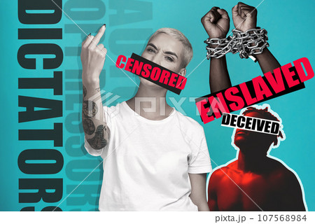 Censorship, cancel culture and the middle finger of an angry woman on a blue background to fight for freedom or human rights. Portrait, free speech and fake news with a young person at a protest Censorship, cancel culture and the middle finger of an angry woman on a blue background to fight for freedom or human rights. Portrait, free speech and fake news with a young person at a protest 107568984