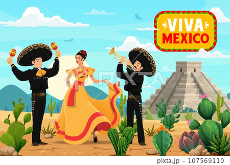 Viva Mexico. Mexican mariachi musician and woman dancer characters at the desert near pyramids. Vector banner or greeting card with artists perform concert at the famous Chichen Itza aztec monument 107569110
