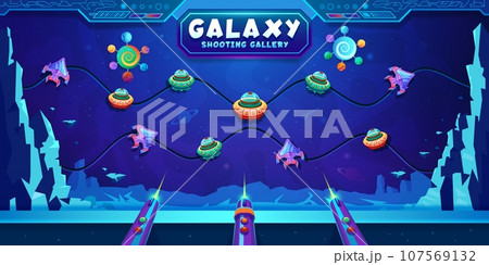 Galaxy ufo and starships hunting, carnival shoot game, shooting range. Vector funfair amusement entertainment with futuristic twist, aim at targets set in space, test your accuracy and win prizes 107569132
