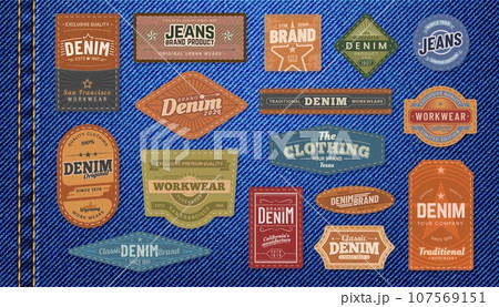 Denim jeans leather patches and labels. Isolated vector set of textured tags displaying brand names, providing company identity And a touch of style to the garment. Emblems in retro style for clothes Denim jeans leather patches and labels. Isolated vector set of textured tags displaying brand names, providing company identity And a touch of style to the garment. Emblems in retro style for clothes 107569151