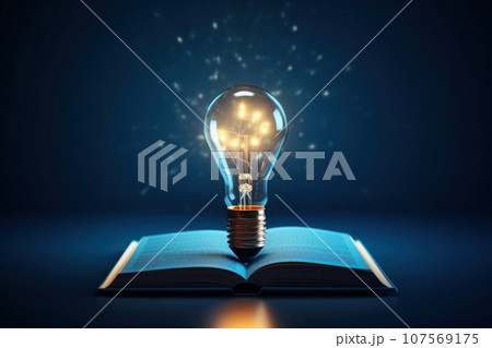 Book cover with a light bulb, realistic and modern. Generative AI 107569175