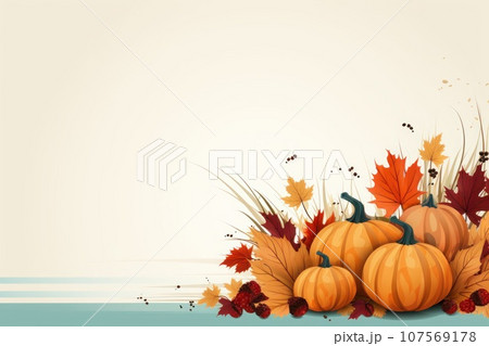 Happy Thanksgiving card with autumn leaves background. Generative AI 107569178