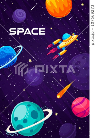 Space landscape poster with flying spaceship, galaxy planets, comet and stars vector background. Cartoon outer space with rocket or alien UFO spacecraft on spaceflight in starry galactic sky 107569273