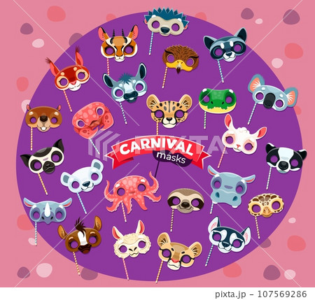 Cartoon animal carnival party masks or birthday holiday celebration costumes. Vector beaver, hedgehog, rhino and horse. Lamb, hippo, octopus or koala with sloth. Cheetah, gazelle, crocodile and eagle Cartoon animal carnival party masks or birthday holiday celebration costumes. Vector beaver, hedgehog, rhino and horse. Lamb, hippo, octopus or koala with sloth. Cheetah, gazelle, crocodile and eagle 107569286