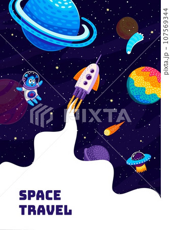 Space travel poster. Rocket spaceship launch, alien astronaut, ufo saucer and starry galaxy. Vector background with spaceship or spacecraft travel in Universe explore cosmos with white smoke frame 107569344