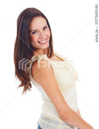 Fashion portrait, happy and studio woman with casual outfit, trendy style or smile for chic fashionable apparel. Clothes, happiness or stylish female model isolated on white background 107569346
