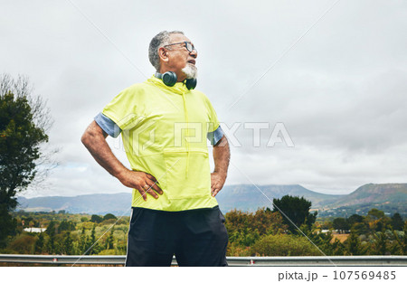 Thinking, fitness and outdoor with senior man, exercise and wellness with breathing, relax or tired. Old person, sky mockup or runner with fatigue, rest or outside with workout, training or fresh air 107569485