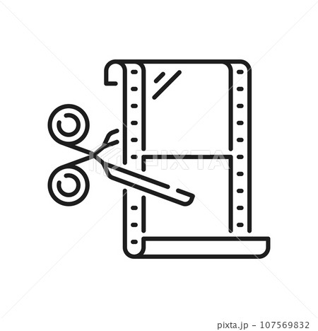 Cut film stripe by scissors isolated video production outline icon. Vector filmstrip ribbon, cutting snapshot cinematography bend tape Cut film stripe by scissors isolated video production outline icon. Vector filmstrip ribbon, cutting snapshot cinematography bend tape 107569832