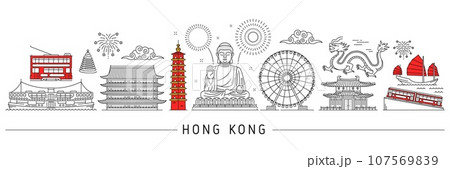 Hong Kong silhouette. Cantonese travel landmarks and buildings cityscape. Vector line Hong Kong city Big Buddha statue, temple and pagoda tower, tram, junk boat and ferry, clouds, dragon and fireworks 107569839