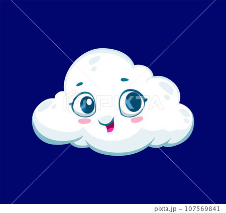 Cartoon cute white cloud weather character. Isolated vector whimsical fluffy cloud personage with funny face expression of lightheartedness and playfulness. Good mood emotions or weather forecast 107569841