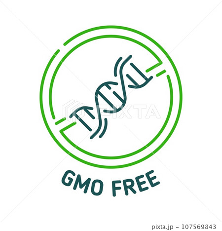 GMO free icon and sign for non genetically modified product label, vector badge. GMO free, organic and natural bio food green icon with DNA symbol, eco and healthy safe products seal for food package GMO free icon and sign for non genetically modified product label, vector badge. GMO free, organic and natural bio food green icon with DNA symbol, eco and healthy safe products seal for food package 107569843
