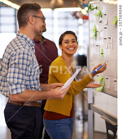 Brainstorm, smile and team on whiteboard or employees or presentation for male and female coach in office. Lady trainer, man workers and Flipchart or project for business or meeting and workplace Brainstorm, smile and team on whiteboard or employees or presentation for male and female coach in office. Lady trainer, man workers and Flipchart or project for business or meeting and workplace 107569846