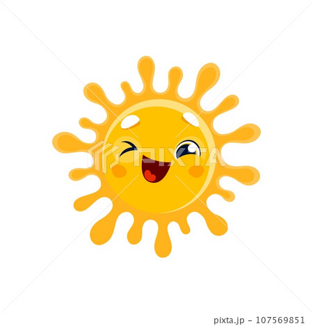 Cartoon funny sun character, winking with eye, smile face or emoji emoticon vector icon. Happy cute sun smiling for morning and winking with yellow shine rays, baby or kids comic sunshine emoji Cartoon funny sun character, winking with eye, smile face or emoji emoticon vector icon. Happy cute sun smiling for morning and winking with yellow shine rays, baby or kids comic sunshine emoji 107569851