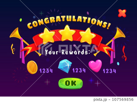 Game achievement reward, interface badge and icons with congratulation ribbons and stars, vector GUI. Game level complete and rewards summary with coin, heart and diamond bonus win for arcade game Game achievement reward, interface badge and icons with congratulation ribbons and stars, vector GUI. Game level complete and rewards summary with coin, heart and diamond bonus win for arcade game 107569856