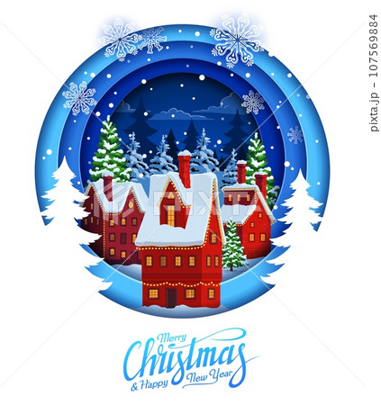 Christmas paper cut banner with winter snowy town in forest, vector holiday night background. Merry Christmas and Happy New Year greeting card in paper cut double exposition with village town and snow Christmas paper cut banner with winter snowy town in forest, vector holiday night background. Merry Christmas and Happy New Year greeting card in paper cut double exposition with village town and snow 107569884