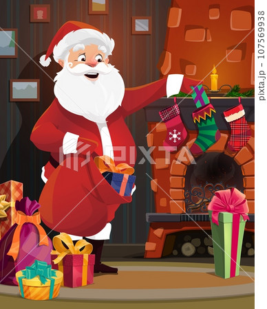 Santa near the fireplace puts gifts to Christmas stockings, winter xmas holiday interior. Vector eve night scene with Father Noel delivering presents into the hanging socks at decorated living room 107569938