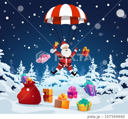 Christmas Santa with jingle bell descends to snowy forest on a parachute, spreading joy and gifts, creating a magical and memorable holiday moment. Vector Xmas holiday scene with Father Noel skydiver Christmas Santa with jingle bell descends to snowy forest on a parachute, spreading joy and gifts, creating a magical and memorable holiday moment. Vector Xmas holiday scene with Father Noel skydiver 107569980