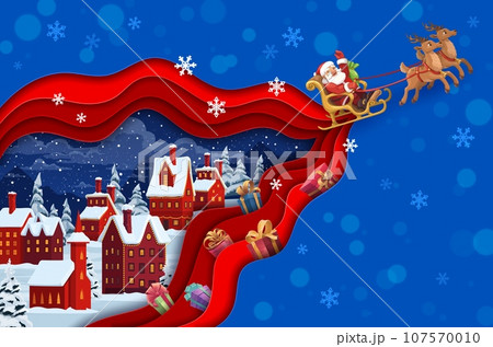 Christmas paper cut banner with Santa sleigh and winter snowy town landscape. Winter holiday, Christmas celebration 3d wallpaper, background or paper cut vector backdrop with Santa flying over city 107570010