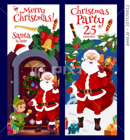 Christmas banner with Santa, gifts bag and holiday decorations. Christmas cartoon characters, Xmas attributes on vector vertical banners. Winter holiday or New Year greeting card with Santa and elf 107570012