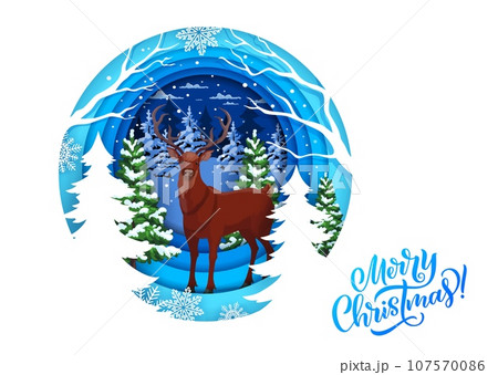Christmas paper cut banner, deer in winter snowy forest, vector winter holidays. Merry Christmas greeting card in paper cut layers with reindeer in winter forest and pine trees in snow with snowflakes 107570086