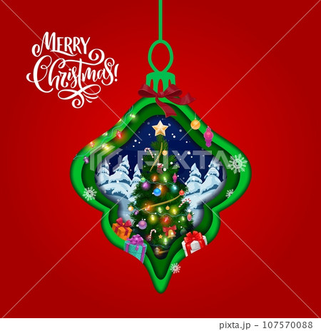 Double exposition Christmas paper cut, holiday bauble with pine tree, vector greeting card. Merry Christmas in paper cut with Santa winter gifts and Xmas tree decorations on paper layers background 107570088