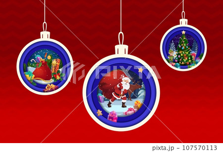 Christmas baubles paper cut with santa, pine...のイラスト素材 [107570113] - PIXTA