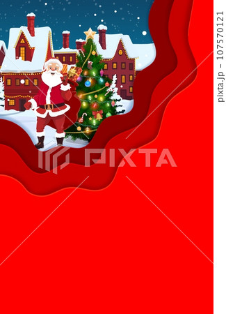 Christmas paper cut greeting card with Santa in winter town. Vector xmas poster, cover or greeting card template with 3d layered effect. Vertical red blank banner with funny Father Noel carry presents 107570121