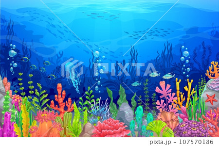 Sea underwater landscape with cartoon seaweeds and corals, undersea or ocean vector background. Fish shoals, jellyfish and starfish in tropical coral reef, ocean world and underwater marine landscape 107570186