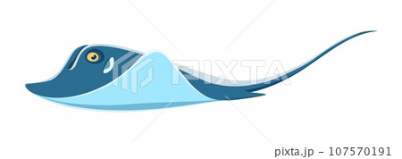 Stingray character, isolated cartoon vector graceful and majestic sea animal with flat body and long, whip-like tail armed with a venomous stinger for defense. Capturing prey with stealth and agility Stingray character, isolated cartoon vector graceful and majestic sea animal with flat body and long, whip-like tail armed with a venomous stinger for defense. Capturing prey with stealth and agility 107570191