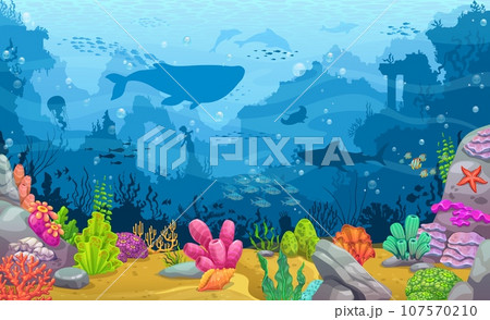 Underwater sunken city landscape with seaweeds and sea animals. Aquatic life, ocean animals and plants background, coral reef vector scene with ancient city ruins, fish shoal and whale silhouette 107570210
