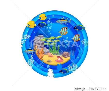 Tropical seashell and fish shoals. Sea paper cut underwater landscape in vector round frame with 3d papercut layers, ocean water waves, coral reef bottom, seaweeds and bubbles, sand seabed and rocks Tropical seashell and fish shoals. Sea paper cut underwater landscape in vector round frame with 3d papercut layers, ocean water waves, coral reef bottom, seaweeds and bubbles, sand seabed and rocks 107570222