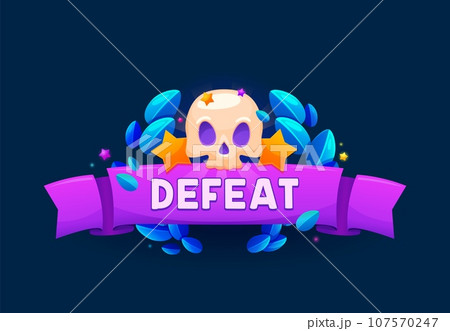 Defeat game badge or shield, ui banner with human skull, purple ribbon, stars and laurel wreath. Fail, game over notification for user, isolated pop up element motivating players to overcome challenge Defeat game badge or shield, ui banner with human skull, purple ribbon, stars and laurel wreath. Fail, game over notification for user, isolated pop up element motivating players to overcome challenge 107570247