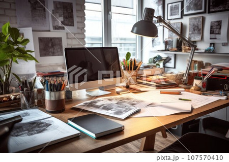 graphic designer home office and creative desk Generative AI 107570410