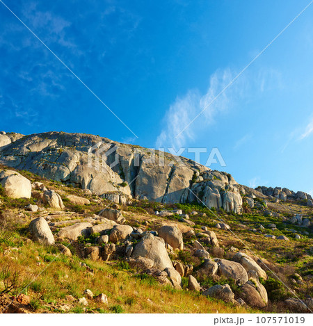 Panorama and landscape view of mountains in Cape Town, South Africa during summer holiday and vacation. Scenic hills, scenery of fresh green flora growing in remote area. Panorama and landscape view of mountains in Cape Town, South Africa during summer holiday and vacation. Scenic hills, scenery of fresh green flora growing in remote area. 107571019