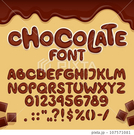 Chocolate font, candy type, brown choco typeface, tasty english alphabet letters and numbers, vector typography. Sweet dessert food abc font with cartoon melted dark chocolate drips and choco bars Chocolate font, candy type, brown choco typeface, tasty english alphabet letters and numbers, vector typography. Sweet dessert food abc font with cartoon melted dark chocolate drips and choco bars 107571081