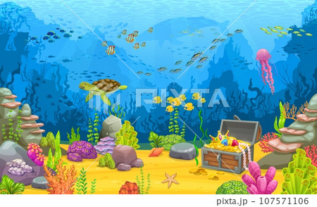Cartoon underwater landscape with treasure chest and sea animals. Coral reef water world scene, aquatic life vector background with turtle, fish shoal, seaweed and gold in chest on ocean bottom 107571106