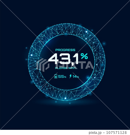 Loading bar progress neon dial, speed gauge dashboard, futuristic counter interface. Isolated vector hud Sci-fi user digital screen or game control panel with circular scales and percent indicators 107571128