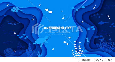 Landing page, sea paper cut underwater landscape with fishes and ocean animals, vector website template background. Undersea papercut landscape of coral reef turtle, ocean stingray and seahorses Landing page, sea paper cut underwater landscape with fishes and ocean animals, vector website template background. Undersea papercut landscape of coral reef turtle, ocean stingray and seahorses 107571167