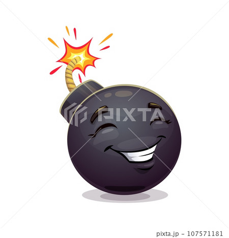 Cartoon bomb character. Explosive, weapon personage with a glowing smile and a lit fuse, exuding a playful and mischievous personality. Isolated vector adorable tnt happy emoji face 107571181
